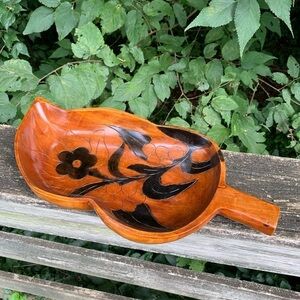 Haitian Carved Folk Art Wood Tray Bowl Flower